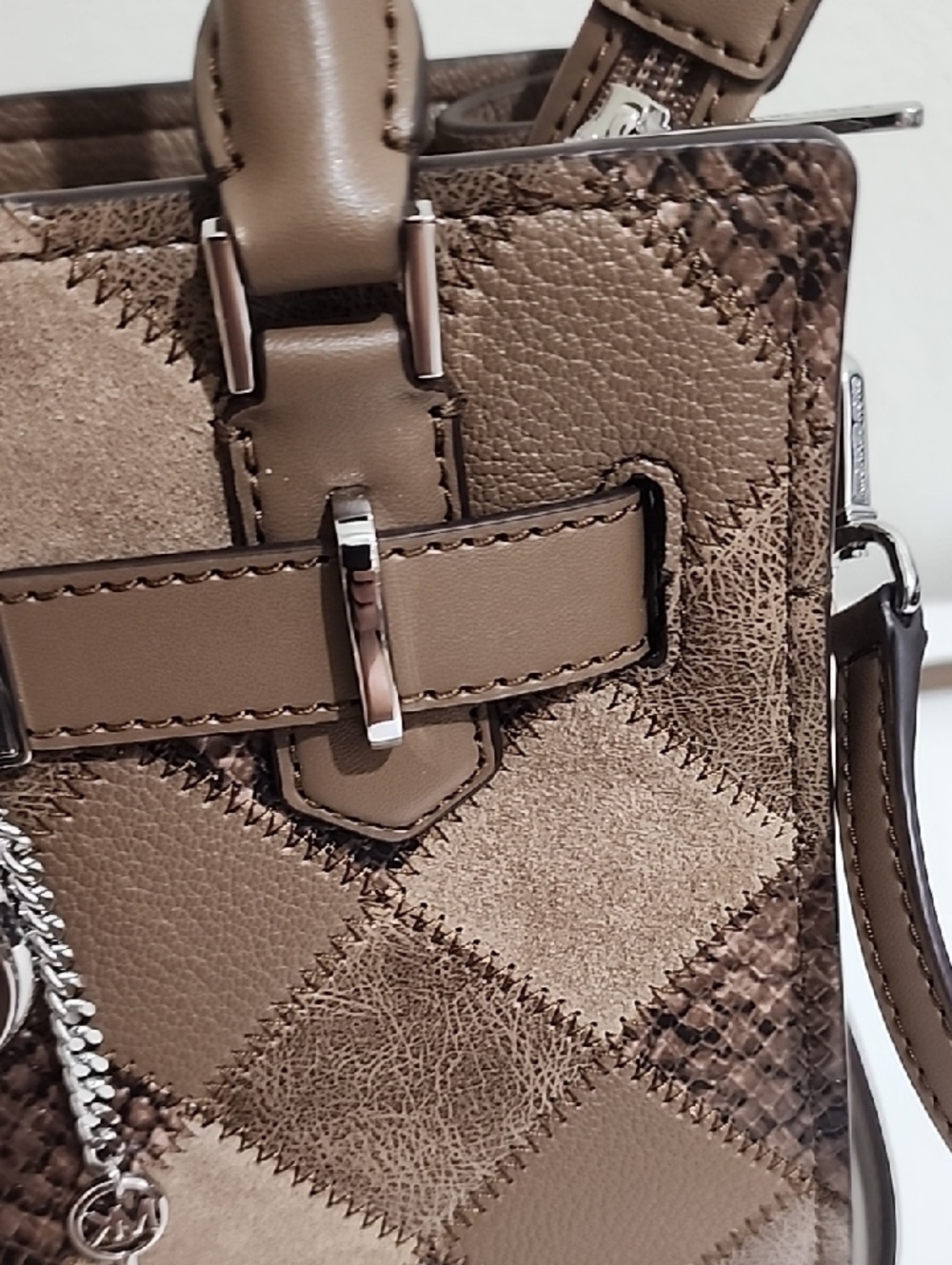 Michael Kors Taupe Patchwork Leather Satchel with Signature Charm - Picture 12 of 13